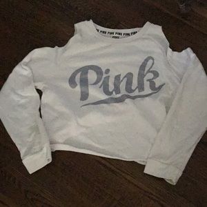 Pink white cropped off the shoulder hoodie